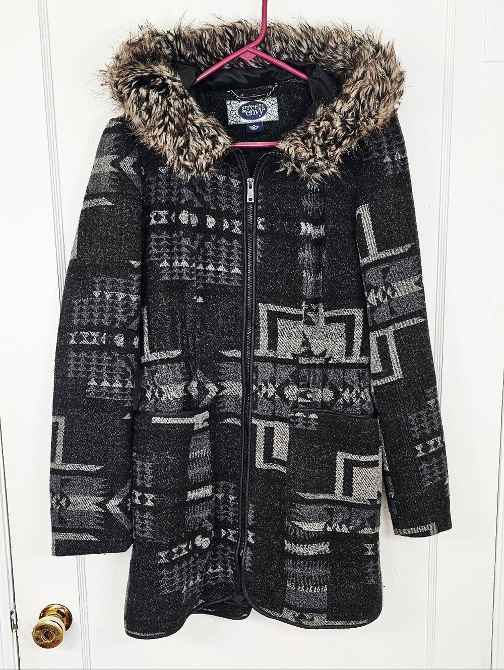 Aztec Tribal Warm Insulated Coat with Fur Trim Hood